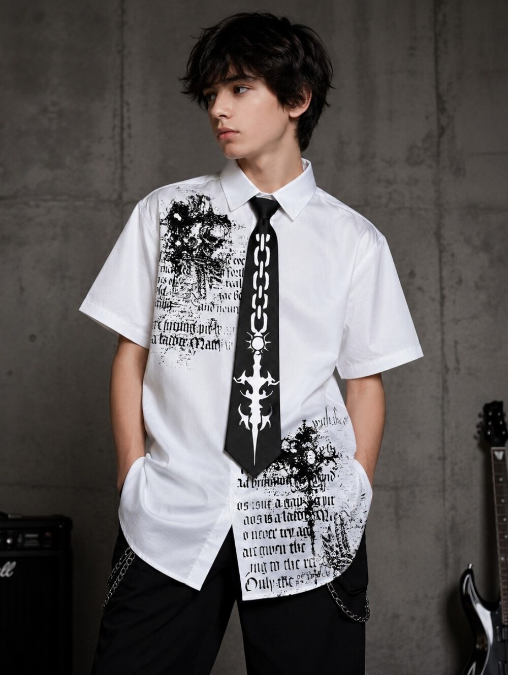 Goth Punk Skull Button Front Shirt & Clip-On Tie Set Youth Size 16 White Black